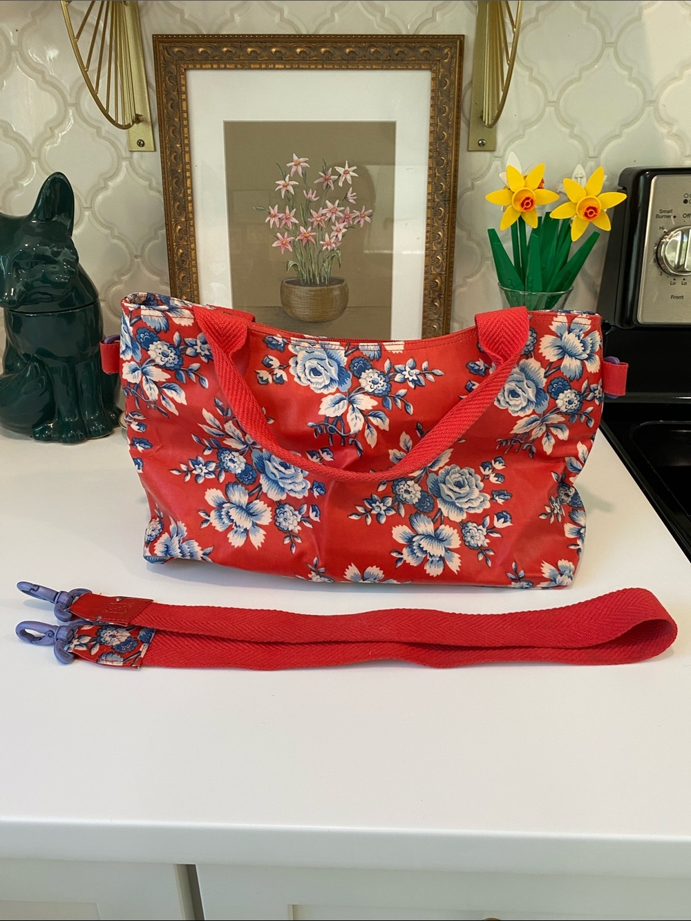 April Cornell Floral Red and Blue Coated Bag with Removable Crossbody Strap